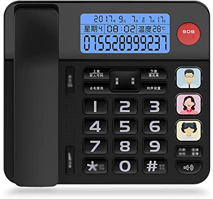 ERoomQ Telefono fisso con cavo, grande pulsante per anziani con display, aiuto SOS con un clic, 3 quadranti veloci colorati avatar, sveglia e funzione blacklist (nero)