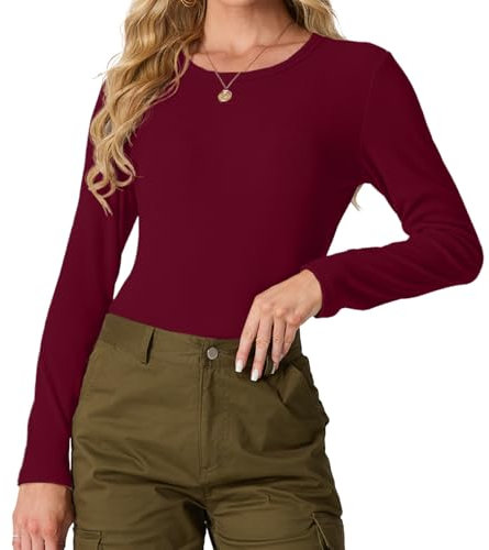 IWOLLENCE Basic Tops Women Ribbed Knit Round Neck Long Sleeve T Shirts Women Basic T-Shirt Y2k Slim fit Tee Tops (Wine Red, M)