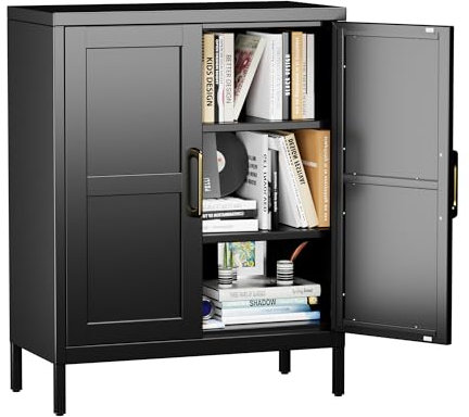 Aobabo Metal Office Shaker Storage Cabinet with 2 Doors and 2 Adjustable Shelves - 90cm High Black Kitchen Storage Cabinet, 3-Tier Tall Steel Cabinets for Garage,Living Room Office,Assembly Required