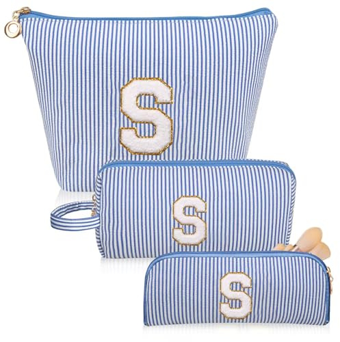 Junesters Initials Makeup Bag Set, Personalized Blue Cosmetic Bag, Cute Large Make up Bags, Travel Toiletry Bag for Women Girl Gifts S (Blue), blue, S