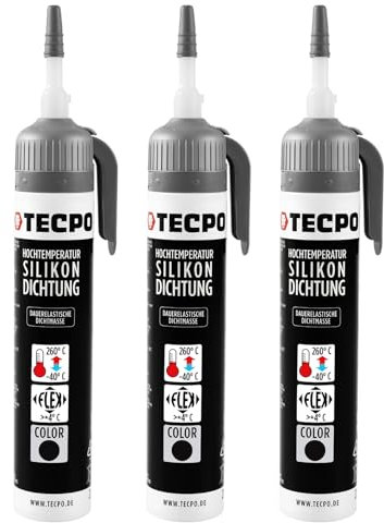 TECPO Hochtemperatur Dichtstoff Dichtmasse, 200 ml Silikon Dichtung Dauerelastisch schwarz hitze- und wasserbeständig Silikondichtmasse (3x 200ml)