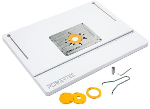 POWERTEC 61 x 81,3 cm Tisch-Frästisch mit Aluminium-Einsatzplatte, laminierte MDF-Platte, Reduzierringe, Nivellierschrauben und Startstift, kompatibel mit Bosch, DeWalt, Makita und anderen Marken