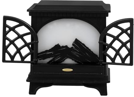 Miniature House Fireplace LED Light, Plastic Dollhouse Accessory | Black Modern Scene Decor, Realistic Flame Effect, Compact Design for Doll House Rooms and Display Setups