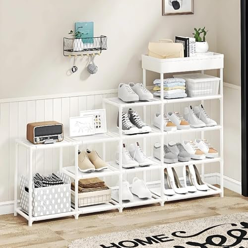 UUE Schuhregal, 5 Ebenen Schuhständer, Schuhregal mit Aufbewahrungskorb, Schuhablage ohne Bohren,Schmal Regal Vliesstoff, für Eingangsbereich, Flur, Wohnzimmer, Weiß 120x21,5x81cm