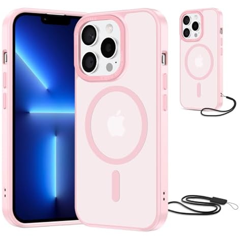 NEW'C Magnétique Coque pour iPhone 13 Pro Max (6,7 Pouces), Compatible avec MagSafe Antichoc Ultime avec Cordon – Magnétisme Puissant et Protection Militaire -Etui Translucide Mat - Rose