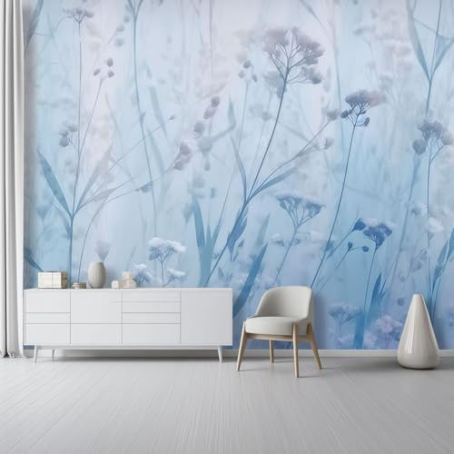 Vliestapete 400 x 280 cm für Wanddekoration - Aquarell-Hintergrund Wildblumen Blätter für Wohnzimmer Kinderzimmer TV Hintergrund, Hellblau Modedesign Fototapete
