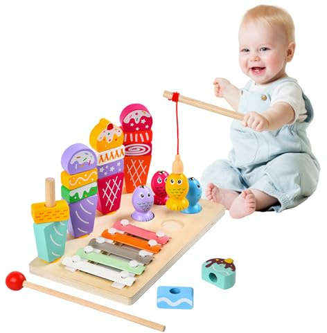 Wenosda Montessori Spielzeug ab 3 Jahr,3 in 1 Multifunktionale Holzspielzeug Magnetische Angelspiel Xylophon Spielzeug Motorikwürfel, Baby Lernspielzeug