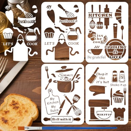 FINGERINSPIRE 4 Küchenschablone 21x29.7cm Küchenzitate Dekorschablonen 4 Stile Schürze Pfannenwender Schneebesen Muster Vorlagen Mit Einem Pinsel Für Dekoration Café Restaurant Holzwandhandwerk