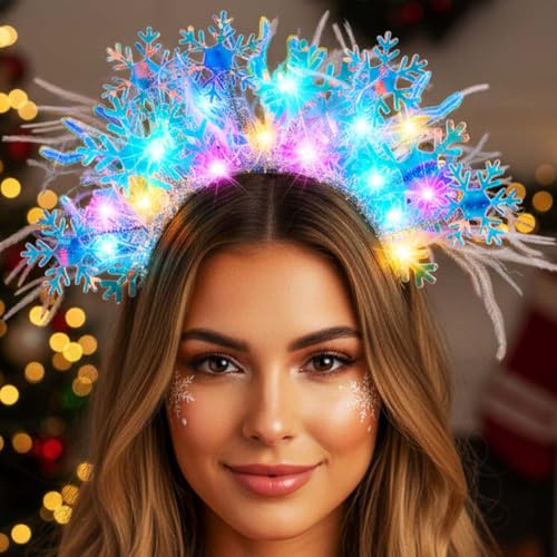 Reaky Bandeaux lumineux en forme de flocon de neige à LED avec bois de renne - Accessoires de Noël pour femme