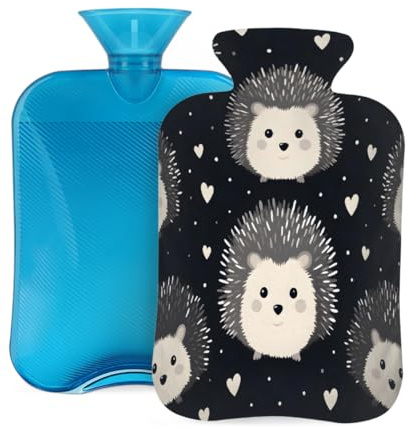 Cute Animal Hedgehog Black Hot Water Bottle with Cover, 2L Large Capacity Hot Water Bag for Hot Cold Compress, Hand Feet Warmer, Neck Shoulder Pain Relief