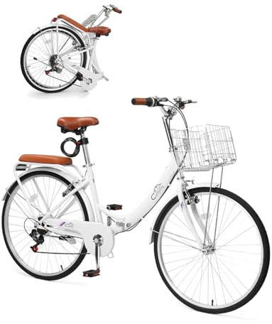CamPingSurvivals 24/26 Inch Foldable Bike Folding Bicycle, 7 Speed Beach Cruiser Bike with Lock, Comfort Back Seat, Foldable Basket & Ergonomic Upright Frame, Cruiser Bicycle for Adults(26 White)