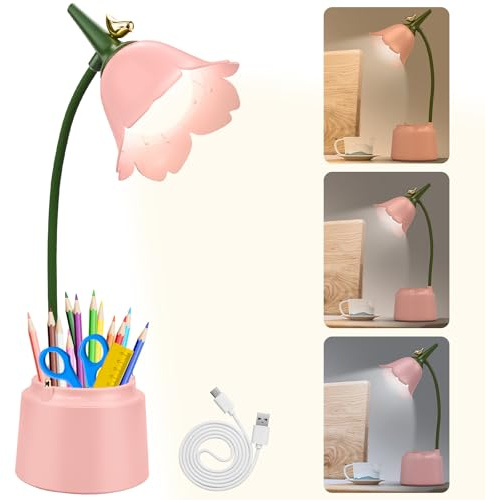 LED Flower Desk Lamp Cordless Table Light - Rechargeable Desk Lamp for Children, Pink Cute Cordless 3 Color Modes Dimmable Touch Control USB Girls Bedside Lamp Desk Light for Children Reading Study