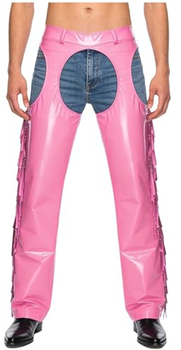 Oyolan Chaps for Mens Pu Leather Glossy Hollow Out Cowboy Assless Chaps Trousers Fringe Motorcycle Pants
