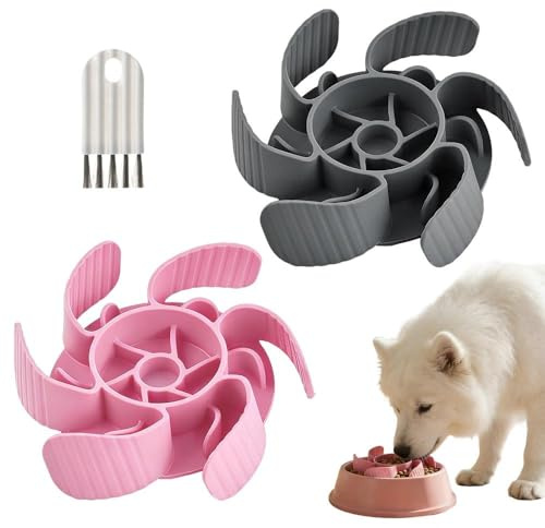 2PCS Slow Feeder Dog Bowl Insert with 1 Cleaning Brush | Silicone Slow Feeder Insert with Strong Suction Cups, Compatible with Most Pet Bowls (Pink & Grey)