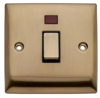 Britelite Double Pole 20A Switch, Antique Brass | Antique brass finish; slim profile corrosion resistant steel construction for; with fixings included; wall mount mounting.