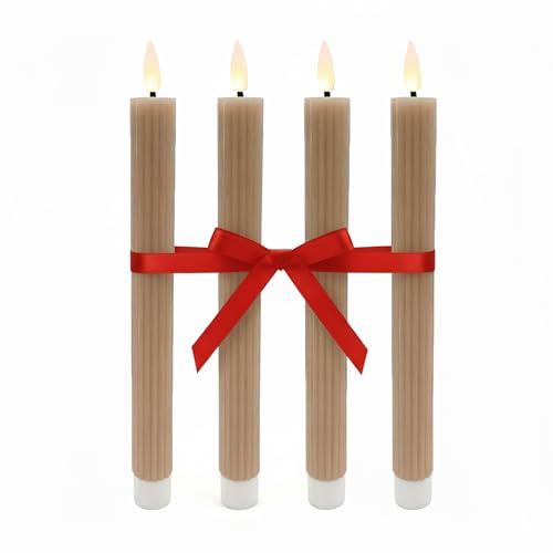 Relaxdays LED Stabkerzen, 4er Set, HxD 25 x 2 cm, flackernde Flamme, Echtwachs, Rillen, flammenlose Kerzen, mocha mousse