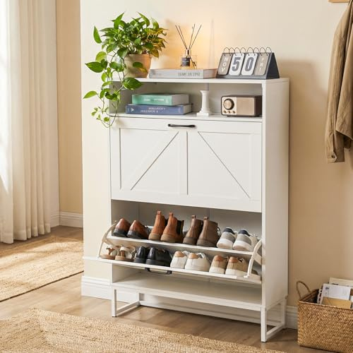 HOKEEPER Schuhschrank 2 Klappen, Schuhkipper, freistehendes schmales Schuhregal, für Eingangsbereich, für 18-24 Paar Schuhe,Weiß