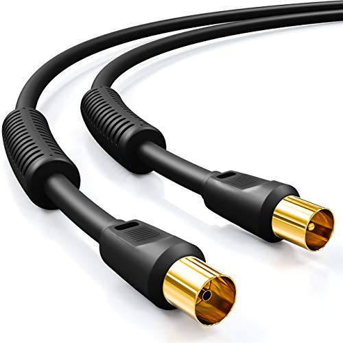 deleyCON 1,5m TV Antennenkabel IEC Koaxialkabel 2x Ferritkern - Schwarz | IEC-Stecker auf IEC-Kupplung, HDTV, 4-fach Schirmung, Mantelstromfilter, DVB-T, DVB-T2, Radio DAB