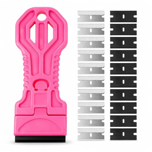 Scraper Tool with 10 Metal & 10 Plastic Replacement Refills, Non Scratch | Sticker & Glue Residue Remover Cleaning Scraper for Stickers, Decals, Windows, Pink