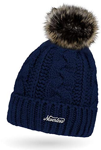 Neverless Damen Strick-Mütze gefüttert mit Fell-Bommel, Kunstfell, Winter-Mütze, Bommelmütze, Navy Unisize