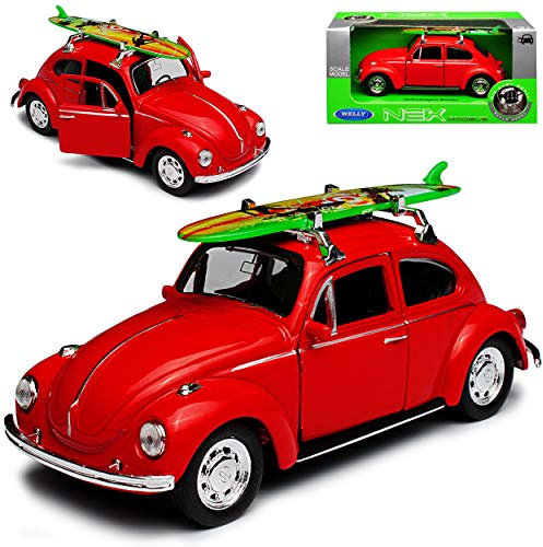 Welly Volkwagen Käfer Coupe Rot mit Surfbrett ca 1/43 1/36-1/46 Modell Auto