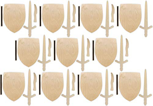 Herr Bo & Co 10x Ritterschild, Ritterschwert und Messer als Set aus unbehandeltem 3mm Birkensperrholz, inkl. Halteschlaufe aus hochwertigem doppelseitigem Klettband, FSC-Zertifiziert, Made in Germany