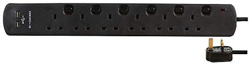 Ex-Pro 6 Gang Way 2m 13A Mains Individually Switched Power 2 x USB Charge Ports 2.4A 5v Extension Socket Cable - Black