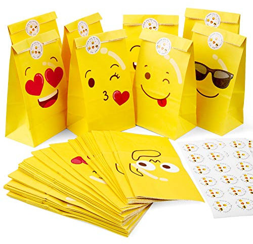 MOOKLIN ROAM Gesichtsausdruck Gelb Papiertüten, 48 Stück Party Papier Geschenktüten Kraftpapiertüten Papierbeutel, Candy Tüten mit stickers für die Geschenkene, burtstag, Hochzeit, 11.9x7.8x22cm