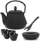 kleine schwarze asiatische gusseiserne Teekanne Set 0.8 Liter & Edelstahl Tee-Filter Sieb-Einsatz für losen Tee & Deckelheber & Teewärmer & 4 Guss Teebecher