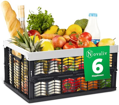 Novaliv Klappboxen faltbar stabil 6x 30L Grau Schwarz baskets Einkaufskiste Klappkisten Set Tragebox Aufbewahrung Einkaufskörbe Körbe Aufbewahrung Küche