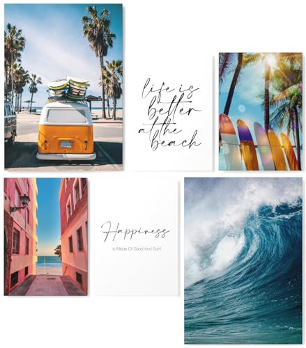 Papierschmiede® Mood Poster Set Surfing, Bilder Wohnzimmer Deko Schlafzimmer, 2x DIN A4 und 4X DIN A5, Strand Beach Surfbrett Palmen - ohne Rahmen