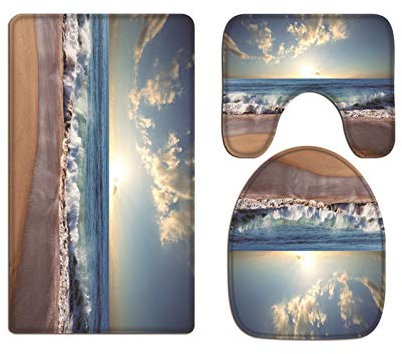 A.Monamour Badezimmer Badematte 3 Teilig Set Meer Sonnenuntergang Ozean Wellen Sandstrand Landschaft Flanell WC Toilette Deckel Deckt Bad Matte Teppich Badteppiche Badvorleger Badgarnitur Vorleger
