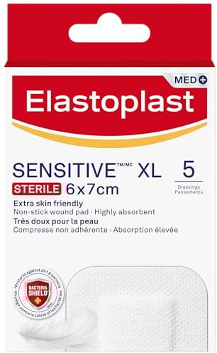 Elastoplast Sensitive XL Med+ Dressings (5 Plasters), Pack of First Aid Plasters, Large Everyday Plasters for Post-Operative Wounds, Skin-Friendly Sterile Dressings for Wounds, 0% Latex, White