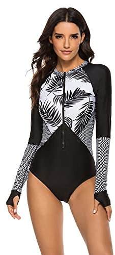 Beachkini Damen-Surfanzug, lässiger Langarm-Badeanzug mit Reißverschluss, 02, M