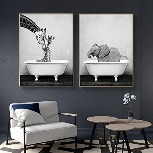 Wandbild Tier in der Badewanne Bilder,Lustige-Tierbild Elefant Bad Leinwandbilder Malerei,Nordic Tiere Lustige Giraffe EIN Bad Poster Leinwandmalerei Kein Rahmen (30x40cm*2)