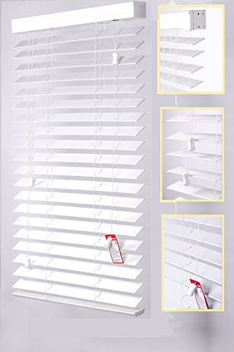 FAUX WOOD VENETIAN BLINDS 50MM SLATS TRIMMABLE EASY FIT OFFICE HOME (75cm Width x 150cm Drop, String, White)