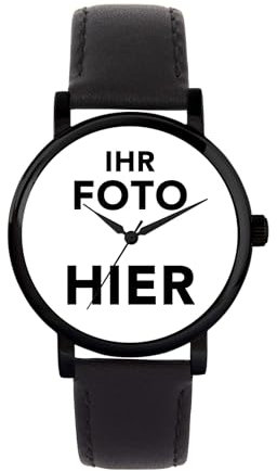 Toff London Personalisierte Fotogeschenke für Frauen, analoge Anzeige, japanische Uhr mit Quarzwerk und schwarzem Lederarmband, individuell gravierte Uhr