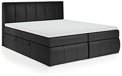 FEDVE Boxspringbett 160x200 Schwarz Öko-Leder – Leo – Dauerhaft Bett mit Bettkasten – Praktisches Doppelbett mit Stauraum für Viele Jahr - Kopfteil Bett mit Matratze zum Schlafzimmer