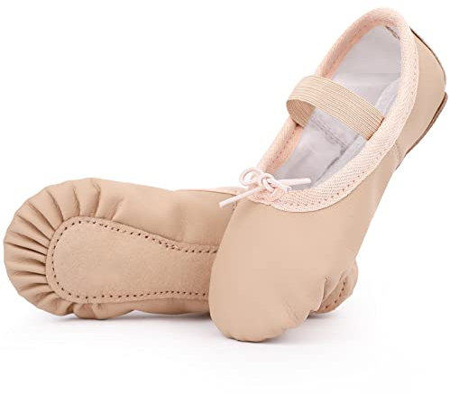 Kefiyis Ballet Shoes for Girls Leather Dance Shoes Full Sole Ballet Flats Ballet Slippers for Kids Toddler Women Adults(Beige 8)