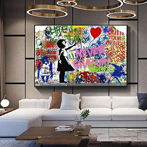 Banksy Never Give Up Ballon Mädchen Affe Leinwandbild Straße Graffiti Kunst Wand Poster Drucke Wandkunst Schlafzimmer Dekor 70x100cm Rahmenlos