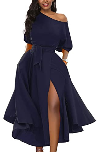 LILYIN Damen Elegantes One-Shoulder-Kleid, kurzärmelig, mit Gürtel, Seitenschlitz, Cocktail-Party, Swing-Kleid mit Taschen, Navy, Groß
