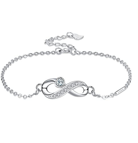 Arrebol Bracelet Infini Femme en Argent Sterling 925 avec Blanc Zircone Coeur Réglable 16+4cm pour Bijoux Cadeau