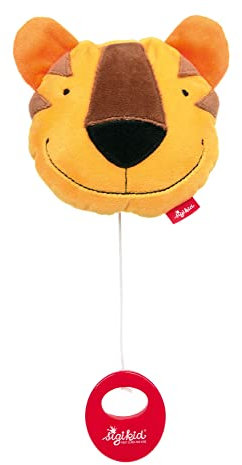 Sigikid Kissenspieluhr,Kuschelkissen Spieluhr Aufziehen,sanfte Melodie Einschlafen,Spielwerk austauschbar,für Babys Kinder ab Geburt,Art.-Nr. 42915,gelb-braun 14 cm,Tiger-gelb-braun,14x15x6 cm