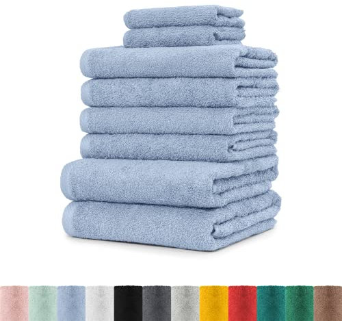 BaSaTex - 8er Pack Handtuch Komplett-Set - Frottee-Handtücher mit Aufhängeschlaufe 4X Handtuch, 2X Duschtuch, 2X Gästetuch - Premium Gästetücher Öko-Tex Standard 100 Zertifiziert - Rauchblau