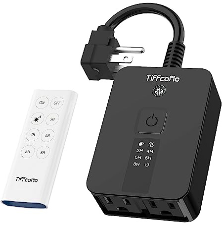 TiFFCOFiO Outdoor Timer wasserdicht, Fernbedienung Dämmerung bis Morgendämmerung Lichtsensor außen Countdown, 30,5 m Reichweite, 2 gefugte Steckdosen für Haus und Garten, 15 A, 1/2 PS, strapazierfähig