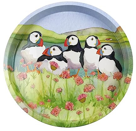 Emma Ball Colourful Round Tin Tea/Drinks Tray - Puffins in Sea Thrift Design - 32 cm