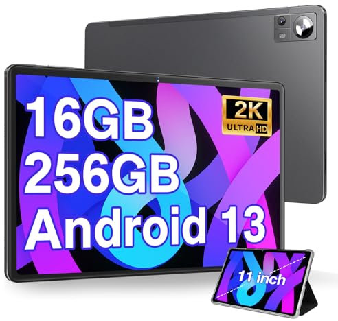 Tablette Android 13 OS 11 Pouces avec 16Go RAM 256Go ROM 1TB Extensible, 2K FHD Tablette avec Trois Caméras 5MP+13MP+2MP, 8 Cores 2.0 GHz, 5G WIFI, 8600 mAh, BT 5.0, GPS, Port Casque USB-C, Gris