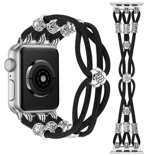 TOYOUTHS Boho Perlen Armband kompatibel mit Apple Watch 41mm 40mm 38mm 42mm Damen, Premium Geflochten Nylon Elastisch Dehnbar Solo Loop Ersatzarmband für iWatch 10/9/8/7/SE/6/5/4/3/2/1, Schwarz, S