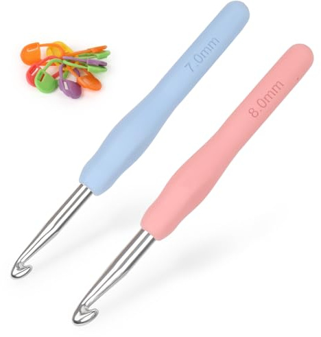 Coopay Häkelnadeln 7,0 mm und 8,0 mm, 2 Stück Metall Häkelnadel, Ergonomische Häkelnadel mit Weichen Griff für Arthritische Hände, TPR Griff Häkelnadeln für Anfänger & Profis, Häkelnadeln 7 8 mm