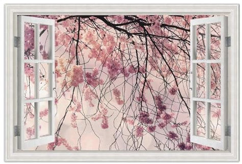 RKGHDCX Mit Rahmen LeinwandBilder.3D-Effekt Fensteransicht Bilder Landschaftsbilder Gemälde.Rosa Kirschblütenzweige bilder auf Leinwand mit Fensterblick.Wandbilder80x120cm(31x47in)